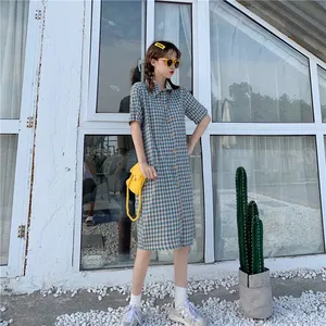 Women's Clothing fashion brand New summer plaid dresses Korean turn-down collar button short sleeve Sweet beauty long dress hot 10 item image