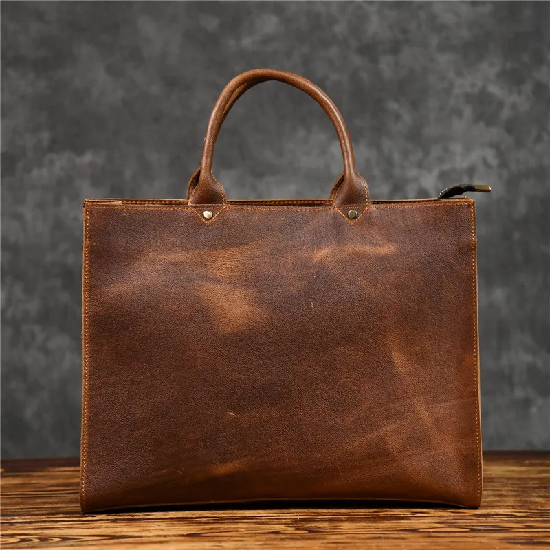 Retro high quality Crazy Horse cowhide men portable briefcase daily outdoor work 15 inch laptop computer shoulder messenger bag