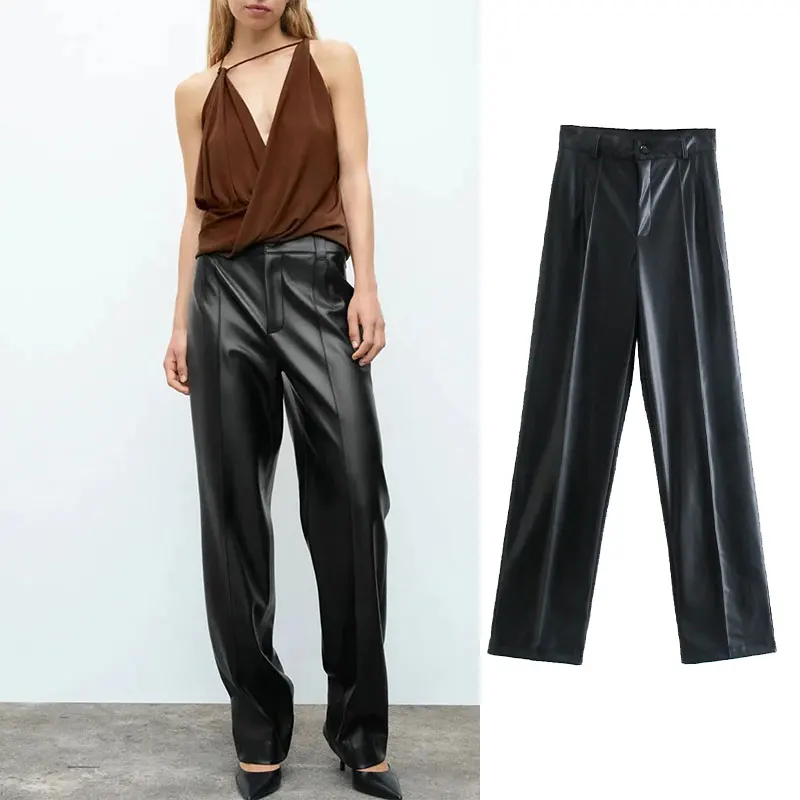 

Za Women Pants 2021 Autumn Vintage Imitation leather Pants For Women Fashion Streetwear Vintage Straight high waist pants Y2k
