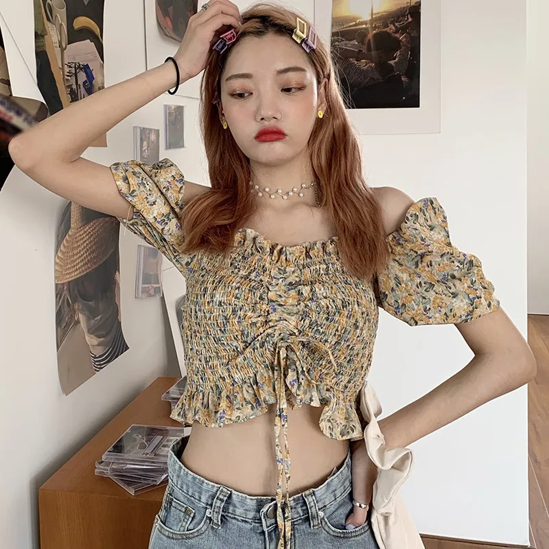 

Women's Off Shoulder Floral Blouses Square Collar Sexy Sweet Pleated Short Chiffon Shirt Tops 2020