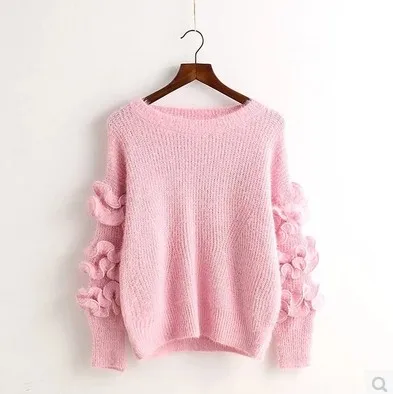 63423 pink Зимние короткие женские свитера с оборками, корейские новые модные пуловеры с длинным рукавом и круглым вырезом, повседневный Свободный вязаный свитер 63423 - Цвет: 63423 pink
