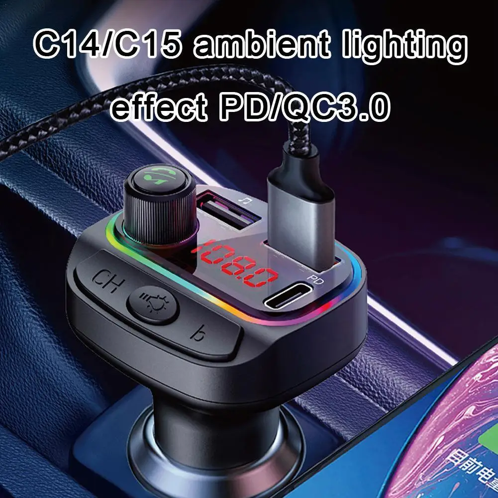 

Bluetooth FM Transmitter For Car 3.1A Type-C Quick Charger 7 Color Backlit Car Radio MP3 Music Player