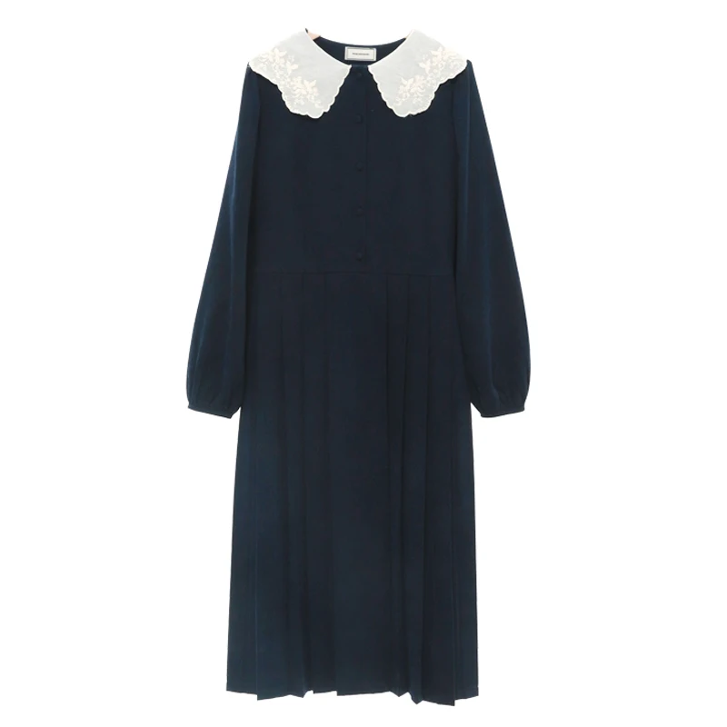 

Autumn and Winter French Minority Embroidered Lace Peter Pan Collar Dress Pleated Mid-Length Waist Slimming Girl Inner Wear