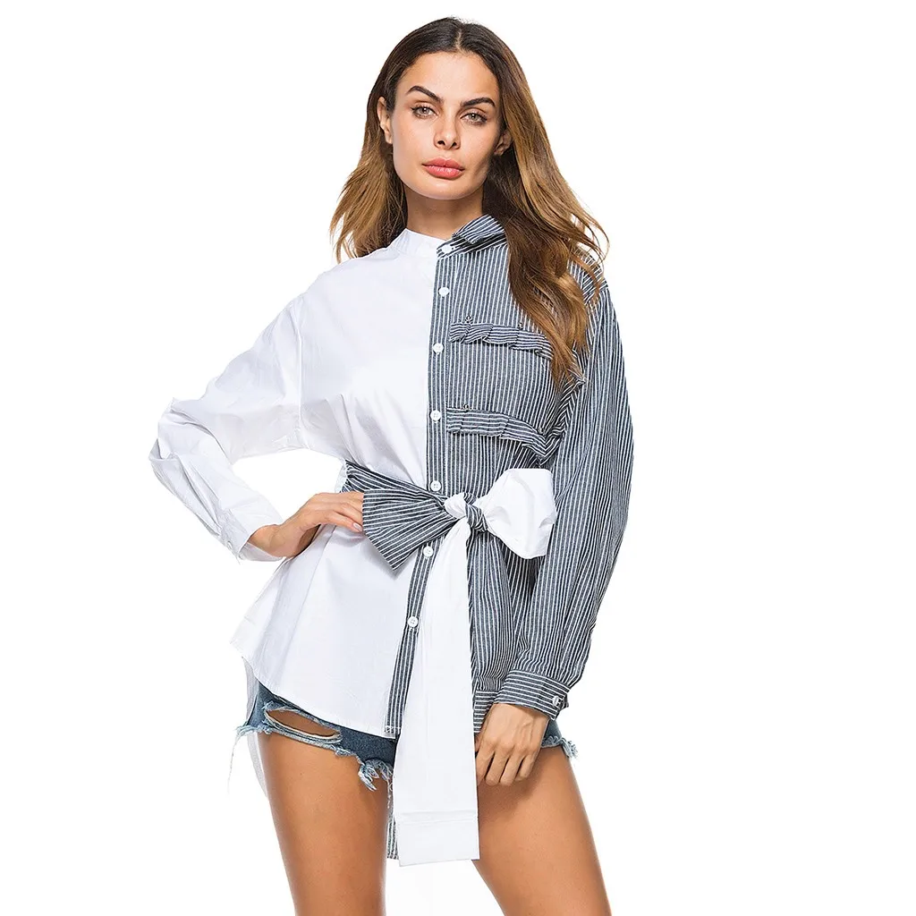 Бесплатная Страусиные Женские топы и блузки с бантом в полоску асимметричная