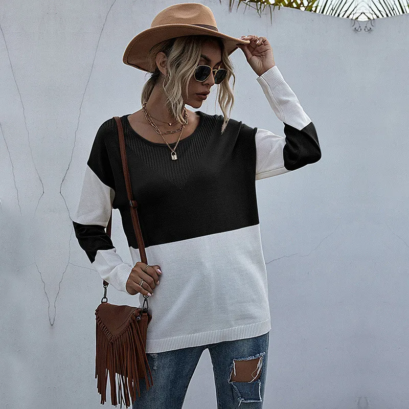 

Fashion Casual Patchwork Women Sweater 2020 Winter Elegant O-neck Long Sleeves Pullovers