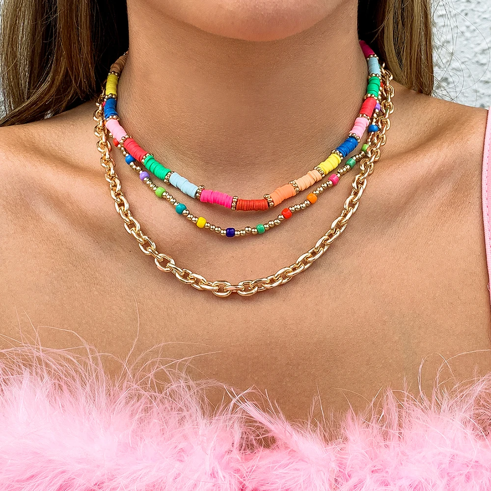 

IngeSight.Z Multi Layered Colorful Rainbow Heishi Clay Beads Choker Necklaces Seed Beaded Chain Chunky Thick Necklaces Jewelry