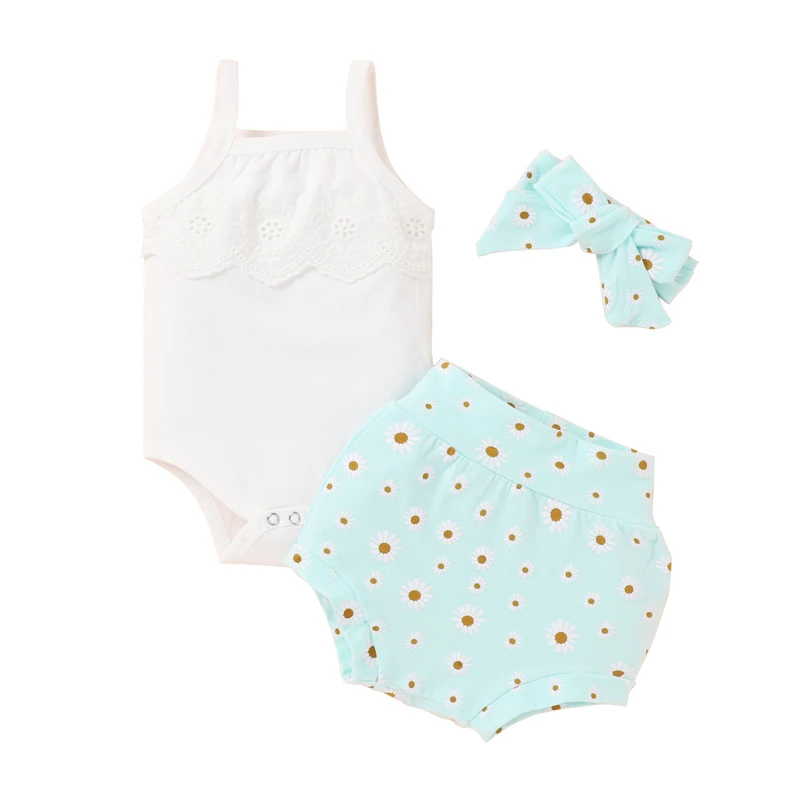 

New Arrival Baby Girl Clothes Sleeveless Camisole Romper + Shorts + Bow Headband Daisy Print Sweet Style Summer Clothing Set