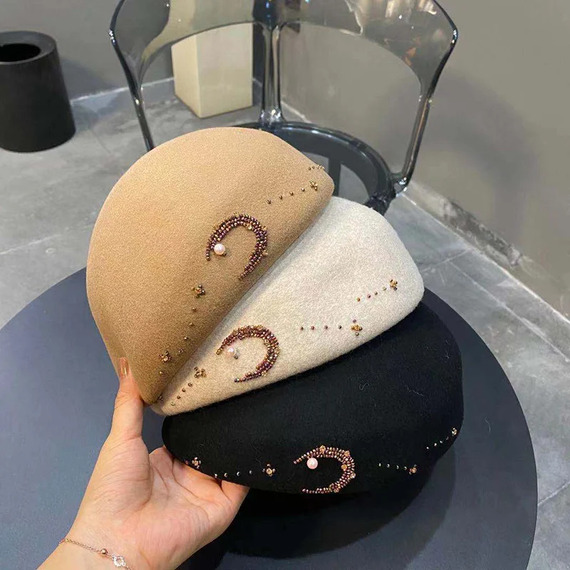 

Winter Elegant Painter Hat Top Hat Church Bowler Hat Fascinator High Quality Wool Berets Women Fashion Hand-sewn Moon Fedora Hat
