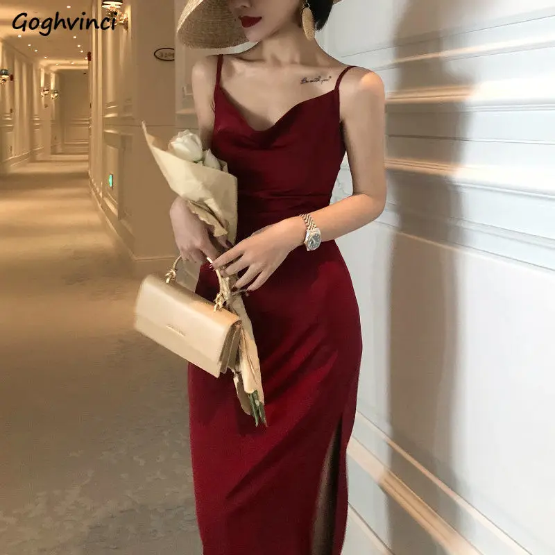 

Sleeveless Dress Side Slit V-neck Glossy Red Retro Abdomen Spaghetti Strap Sexy Slim Party Elegant Female Summer Comfortable Ins