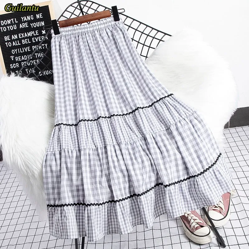 

Guilantu Summer Print Plaid Vintage Long Skirt Women Korean Style High Waisted Casual A Line Skirts Harajuku Goth Ruffle Skirt