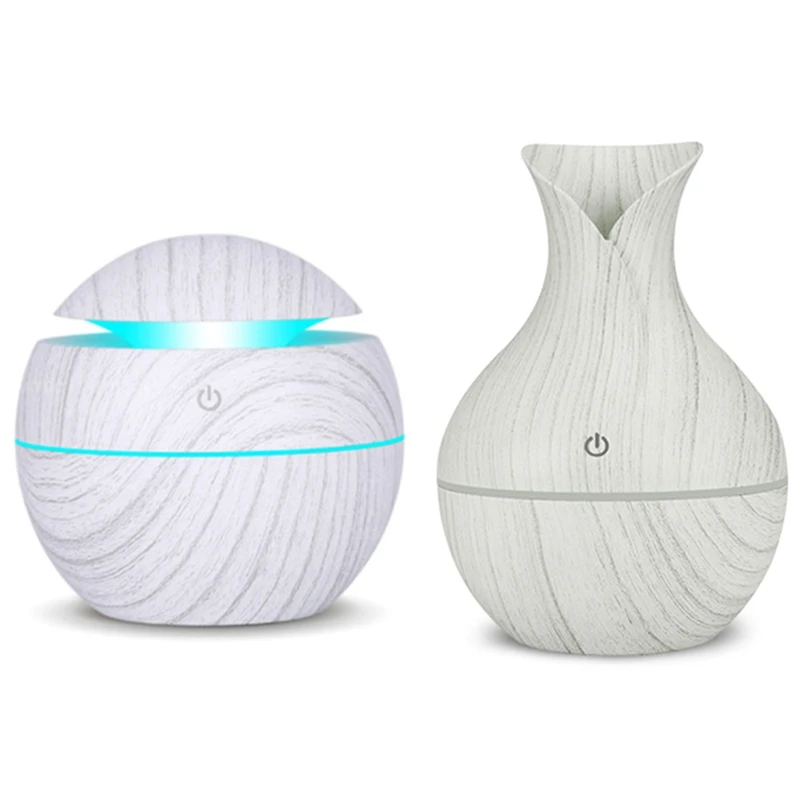 

130Ml Air Humidifier USB Charge Aroma Diffuser Ultrasonic White Wood Grain with 7 Color Led Light Ball & vase
