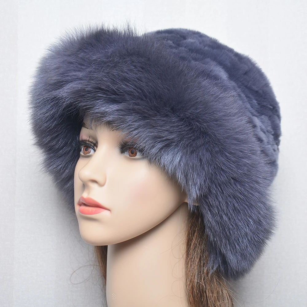 

Winter Hot Sale Warm Women Knitted Real Natural Fox Fur Hat Bowler Solid Rex Rabbit Fur Caps Beanies Lady Real Fur Hat Skullies