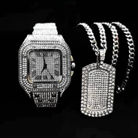 watch necklace for men 2pcs luxury iced out watch men bling bling chains fashion jewelry square pendant mens gold diamond watch