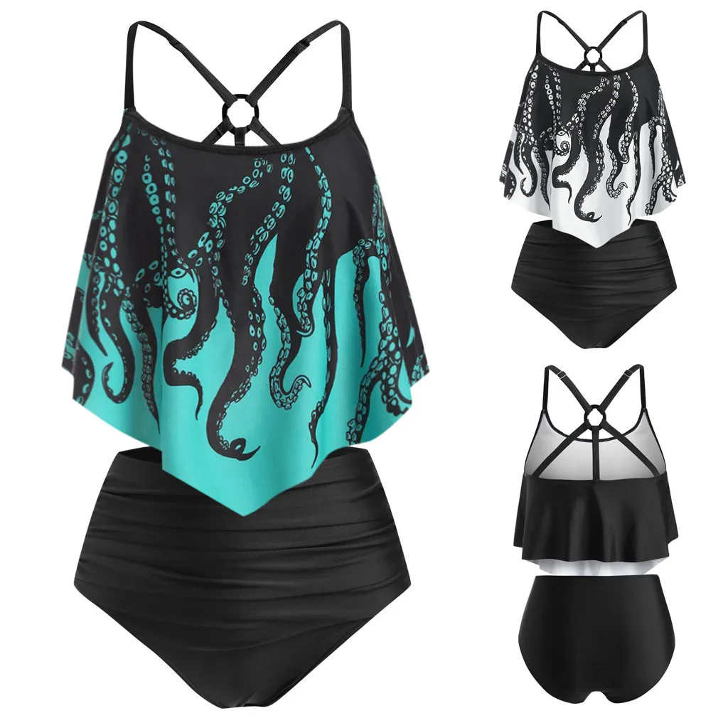 Женский комплект бикини с пуш апом и наложением летний купальник принтом воланом