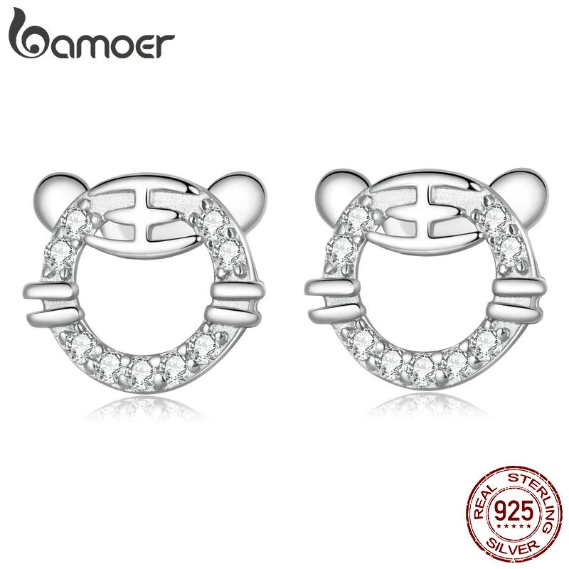 

BAMOER New Arrival 925 Sterling Silver Cute Tiger Head Sutd Earrings for Girl Plated Platinum Earrings for Women Fine Jewelry