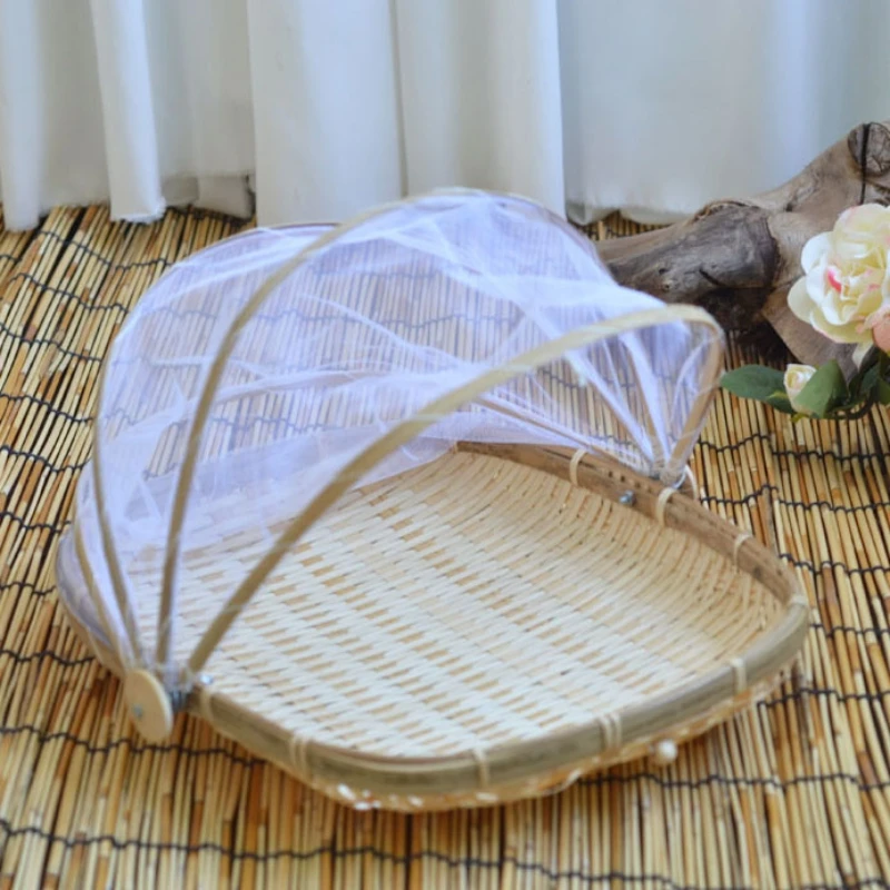 Handmade Bamboo Storage Basket Anti-Mosquito Dustproof Mesh Drying Fruit And Vegetable Tray | Дом и сад