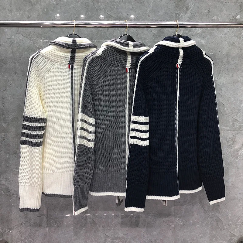 

TB 2021 Fashion THOM Brand Sweaters Men Slim Turn Down Collar Cardigans Clothing Striped Coarse Wool Thick Winter Casual Coat