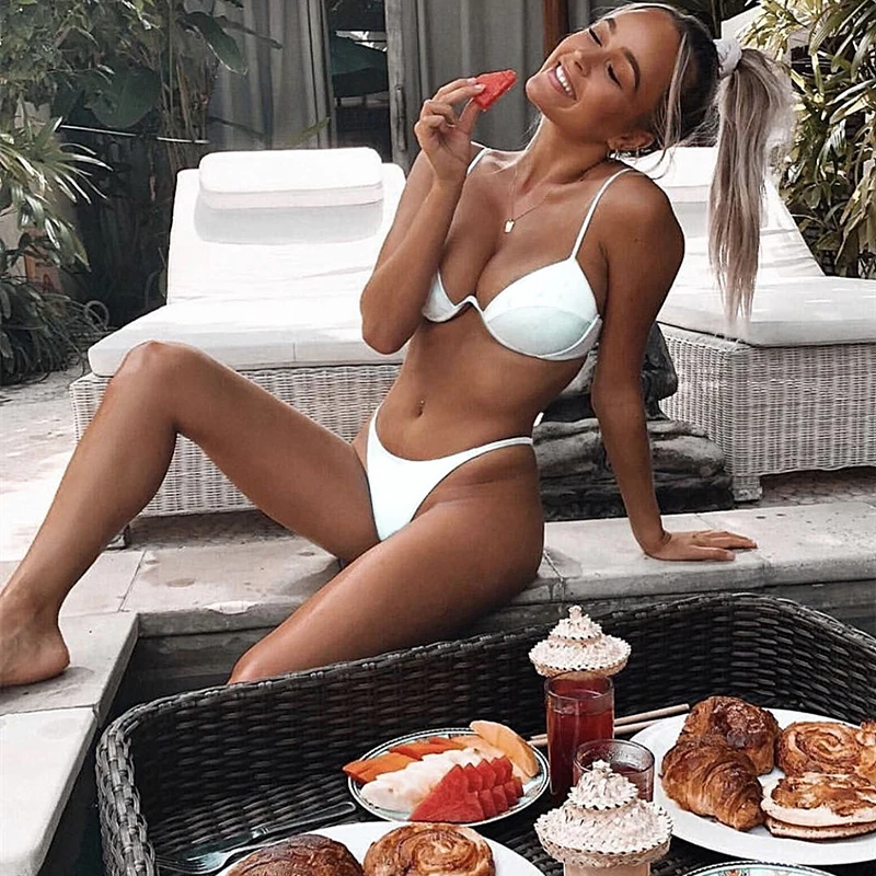 

Hot Europe and America Sexy Bandeau Bikini Sling Swimwear Women Solid Swimwear Two Pieces Swimwear 2021 Beach Bathing Suit