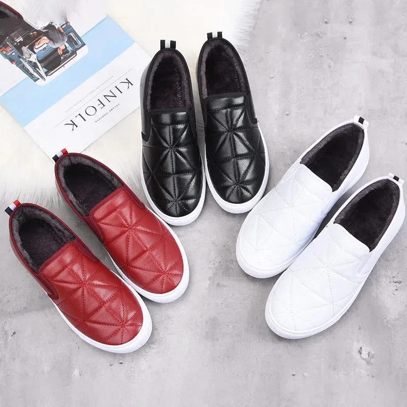 

Stitch Detail Fur Loafers Women's Winter Warm Sneakers Woman Cozy Leather Shoes Girls Red Slip On Sneakers Woman Plush Loafers