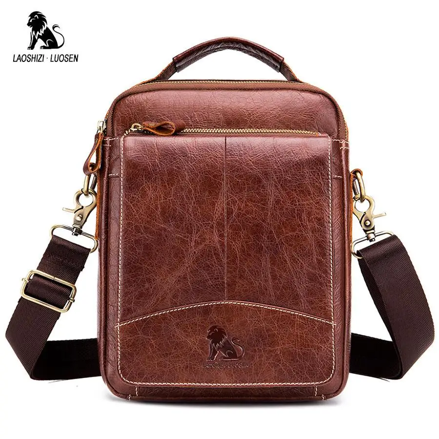 Мужская сумка-мессенджер LAOSHIZI LUOSEN повседневная сумка из натуральной кожи на