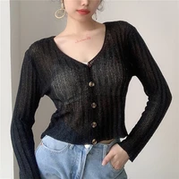 thin casual womens knitted 2022 fall ladies deep v neck basic short sleeve button cardigan blusa loose black white purple top