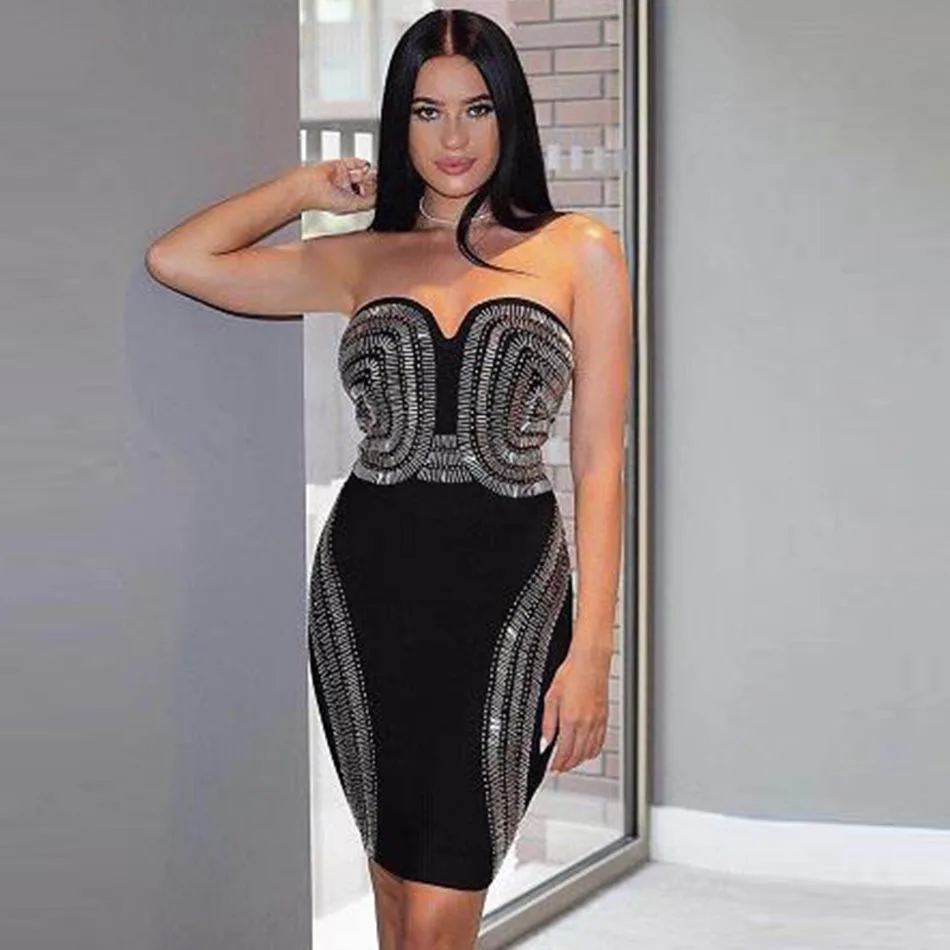 Женское облегающее мини платье без рукавов Adyce черное с бусинами V образным