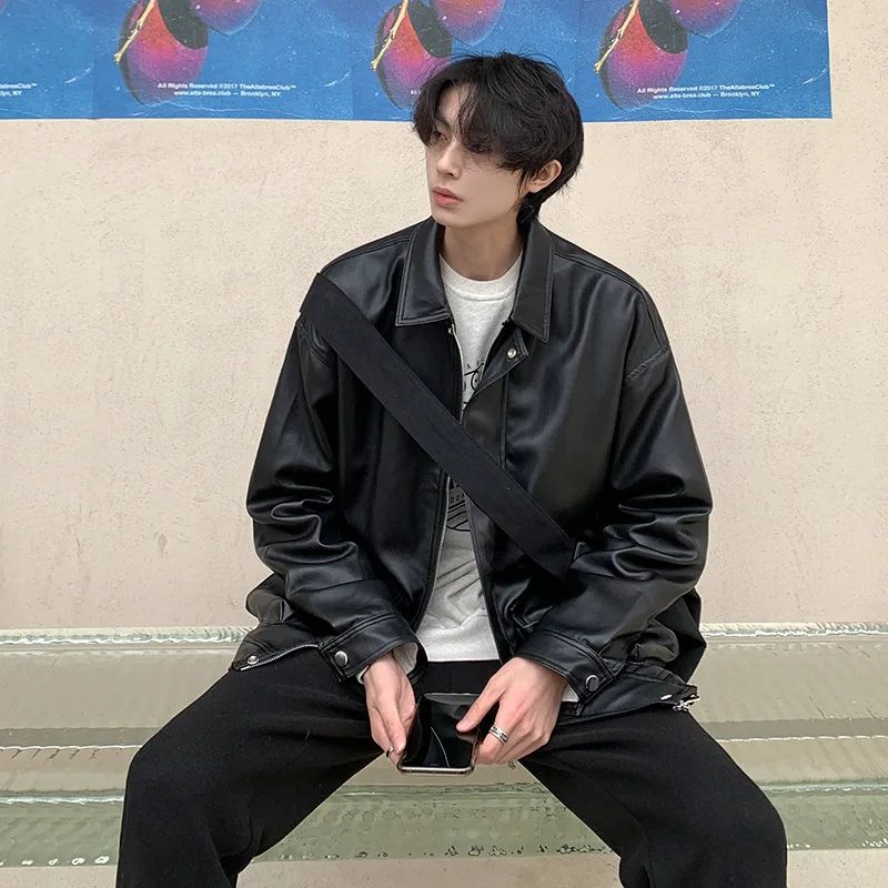 

Мужская короткая куртка из ПУ кожи, с длинным рукавом и молнией