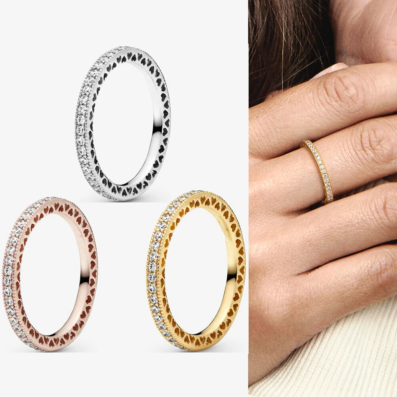 

Authentic 925 Sterling Silver Rose Gold Set Heart To Heart Cz Ring For Women's Engagement Jewelry Anniversary