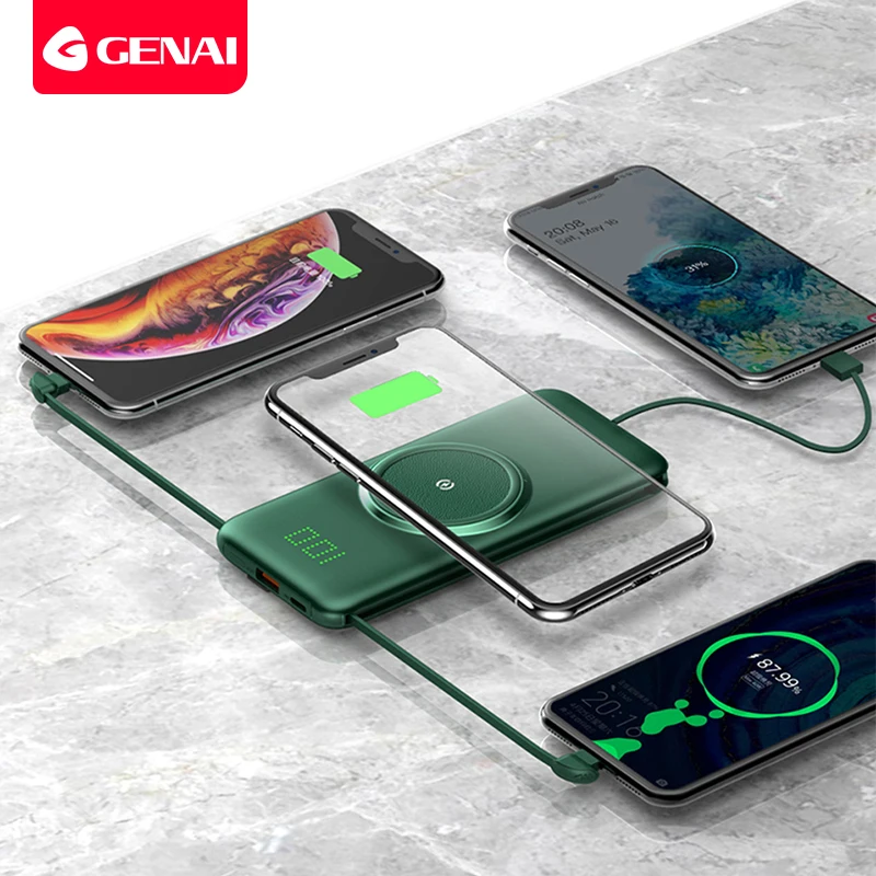 genai 5 in 1 wireless power bank 20000 mah led digital display built in cables powerbank mobile phone external battery charger free global shipping