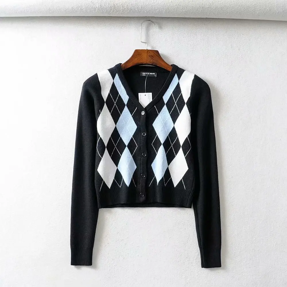 

Europe and the United States Retro ling ge Jacquard High-Waisted Short Slim Fit Long-Sleeved Cardigan Sweater