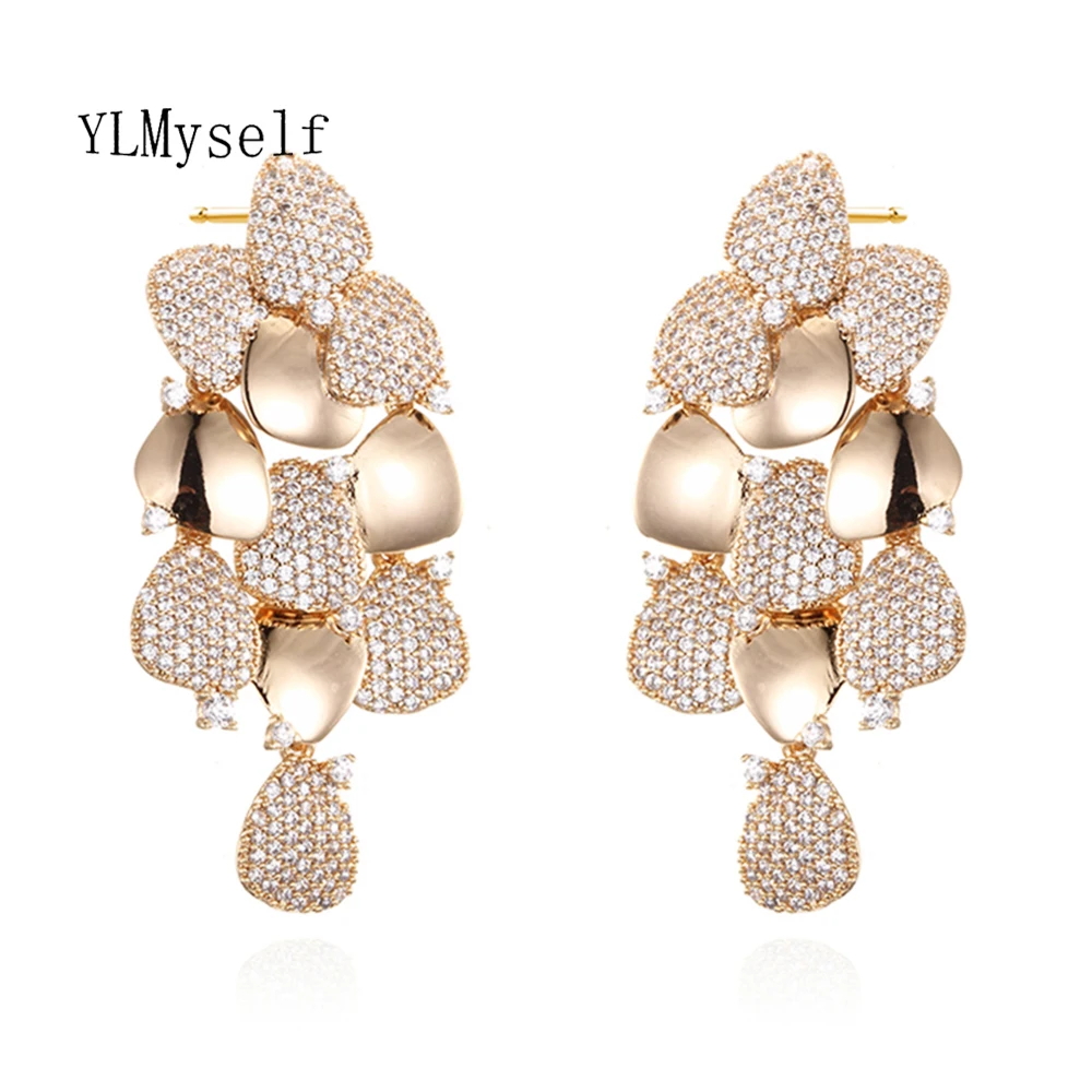 

Teardrop Long Dangle Earrings Full CZ Stones Champagne gold plated Jewellery Fashion Jewelry Women's Drop earring for party