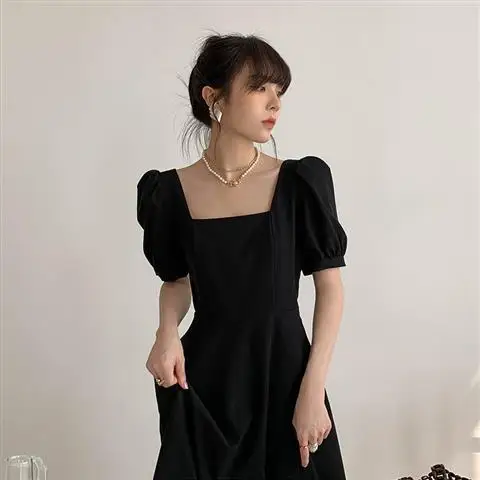 

Black Dress for Women 2020 Summer Retro Square Collar Puff Sleeve Long Woman Dresses Vestido De Mujer Femme Robe