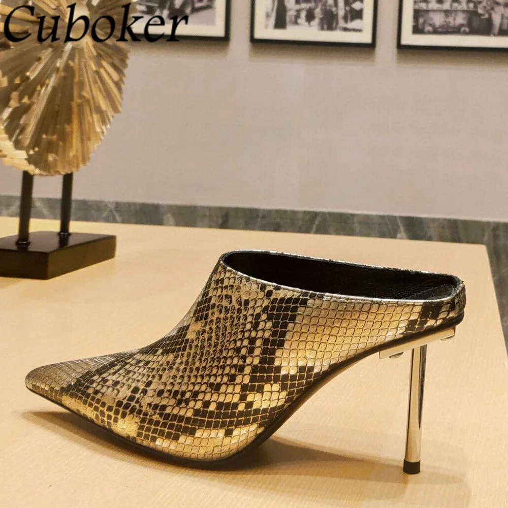 

Sexy Snakeskin Grain Mules High Heels Women Slip On Pointed Toe Stiletto Ladies Shoes New Party Nightclub Sandalias Summer Shoes