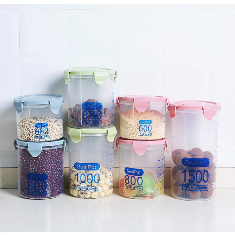 Дешевые 600-1500 мл с измеритель масштаба Кухня Пластик бак для хранения закуски