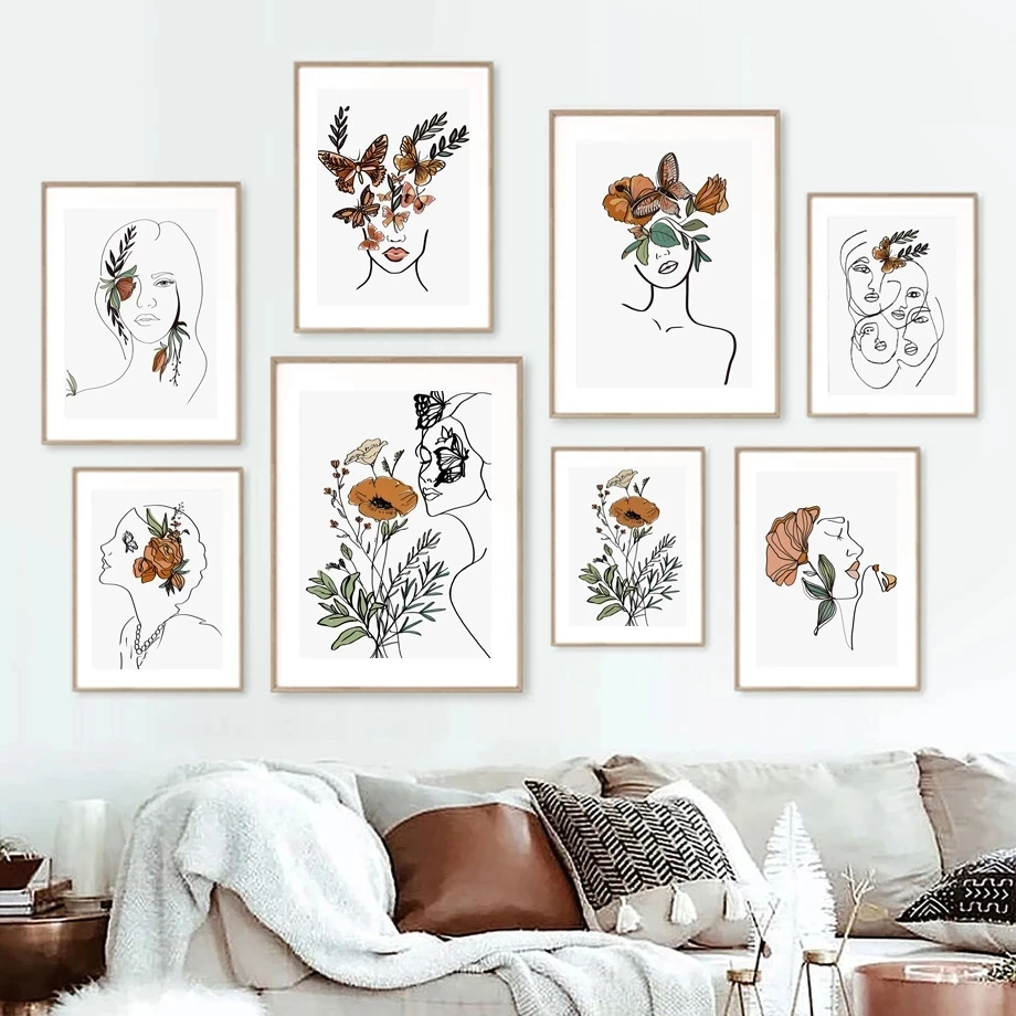 

Абстрактные цветы, женские линии, Бабочка, растение, Скандинавская Настенная картина на холсте, постеры и принты, картины для декора гостино...