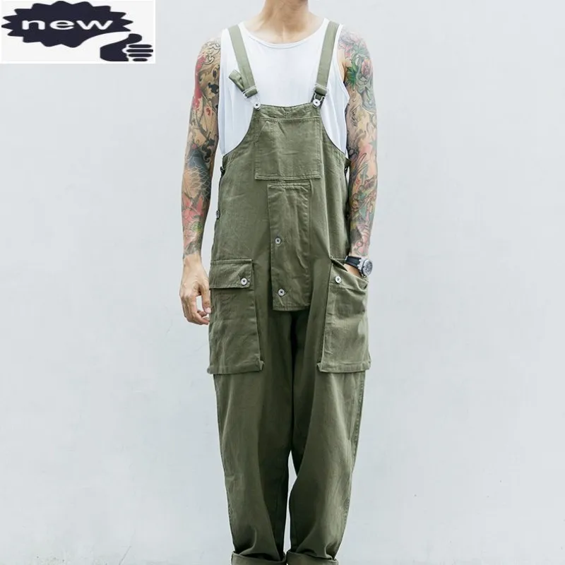 Fashion Hip Hop Men Baggy Overalls Loose Fit Pockets Cargo Pants Suspenders Jumpsuit Man Harajuku Casual Rompers Streetwear