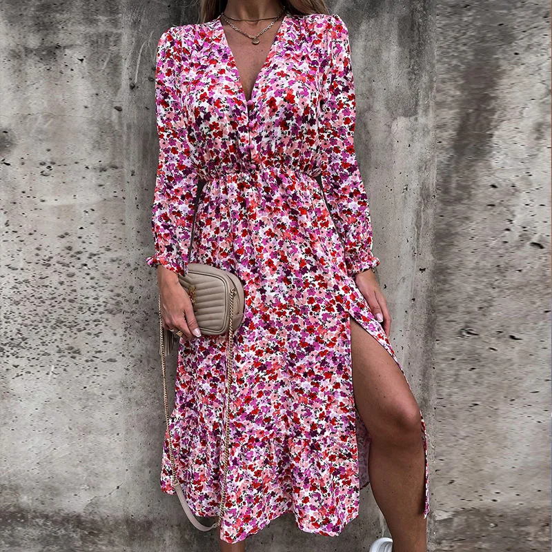 

Sexy V Neck Autumn Party Dress Women Elegant Gorgeous Floral Prints A-Line Dress Fashion Long Sleeve Slit Long Dresses Vestidos