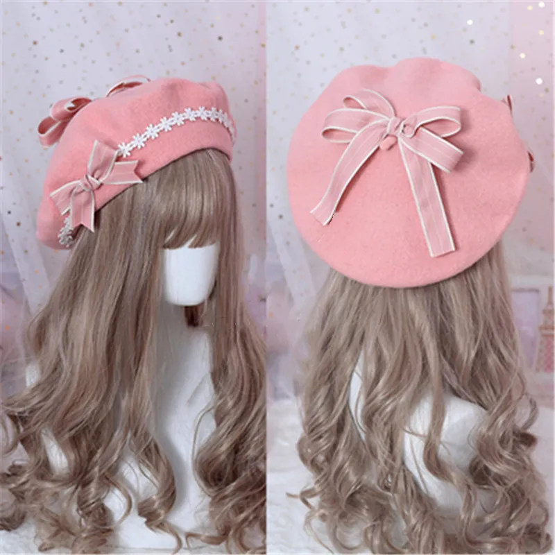 Japanese Handmade Kawaii Wave Pattern Bow Hair Ball Beret Biscuits Soft Girl LOLITA Handmade Bud Hat Cosplay Christmas Gift Mori