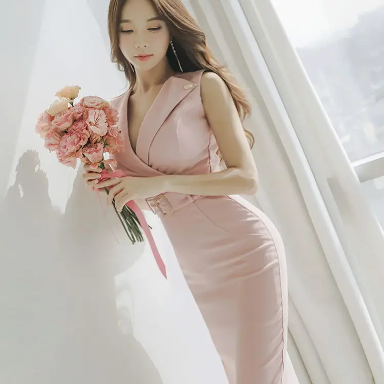 

New Summer Sexy Pink Sleeveless Women Dresses Elegant Korean Office Vestidos Knee-Length Blue Bodycon Slim OL Work Pencil Dress