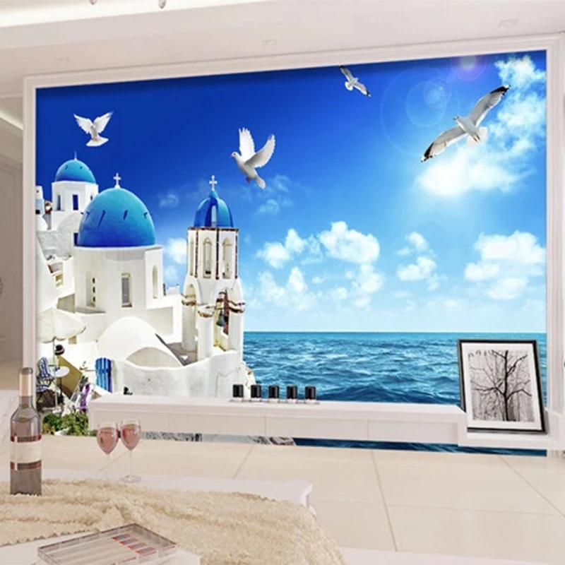 Custom Self-Adhesive Waterproof Mural Wallpaper 3D Blue Sky And White Clouds Church Seascape Stickers Bathroom Removable Poster |
