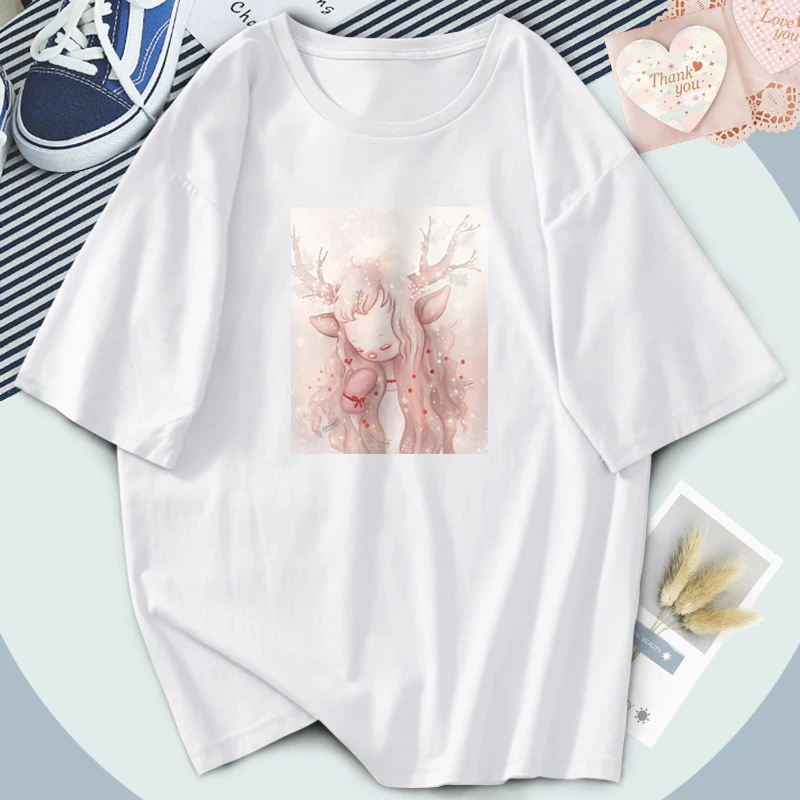 

2021 Cute Elk Womens T Shirts O-Neck Short Sleeve Oversize Tshirts Vintage Cartoon Tees Funny Clothing Tops Camiseta Feminina