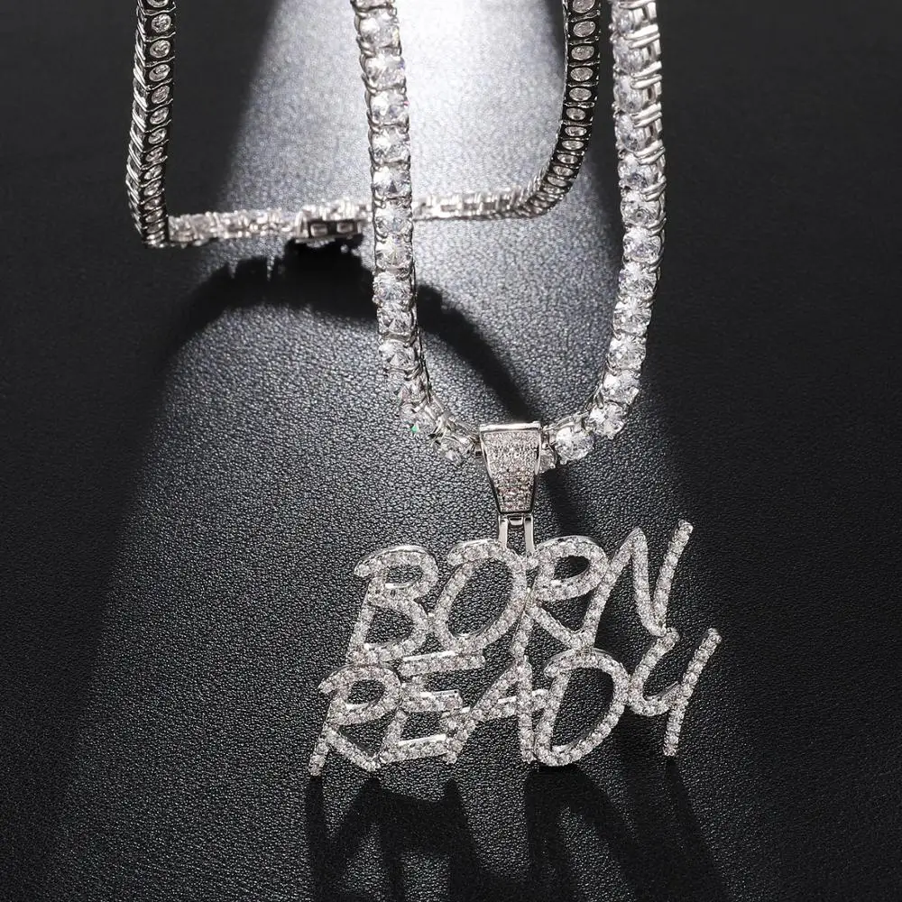 

Men/Women Hip hop iced out bling BORN READY Pendant Necklaces High quality AAA Zircon fashion Hiphop Letters necklace jewelry