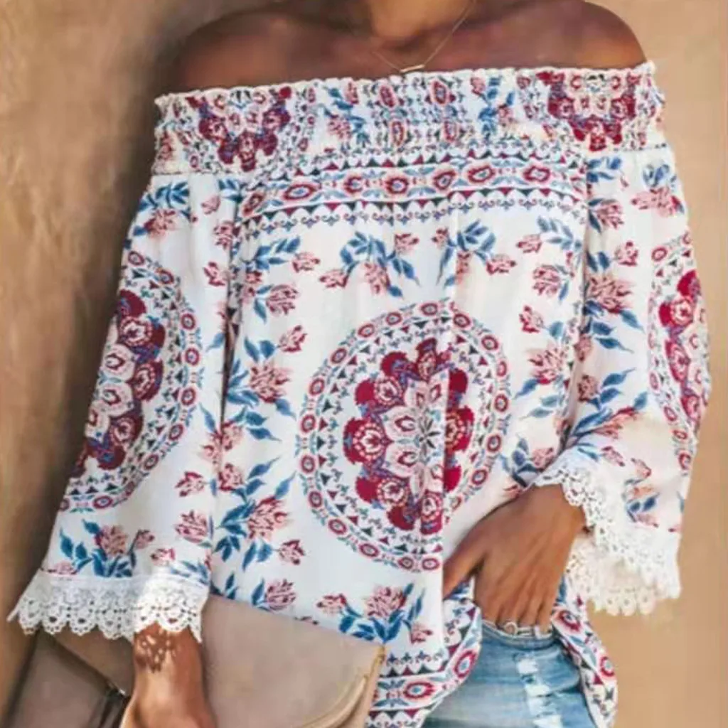 

Blouse Women's Casual Printing Long Sleeve Off Shoulder Pullover Shirts Blouse 2020 New blusas mujer de moda
