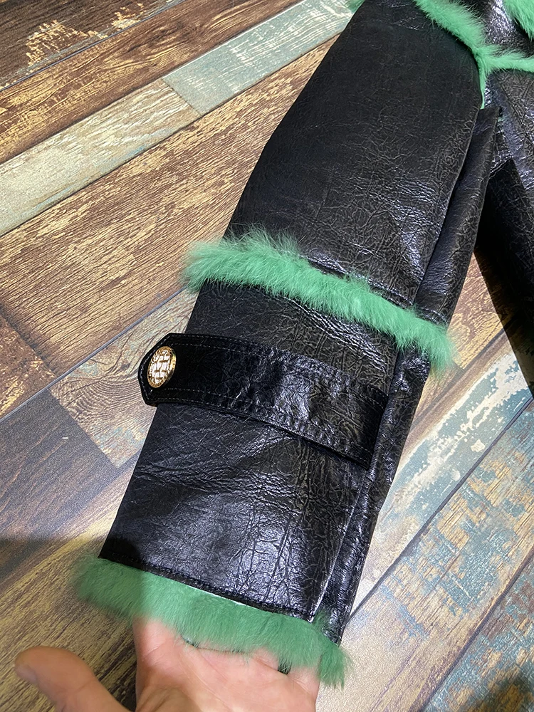 2021 Winter Women Green Color Real Skin Rabbit Fur Inner Warm Short Fashion Jackets Real Rabbit Fur Collar Ladies Outwear