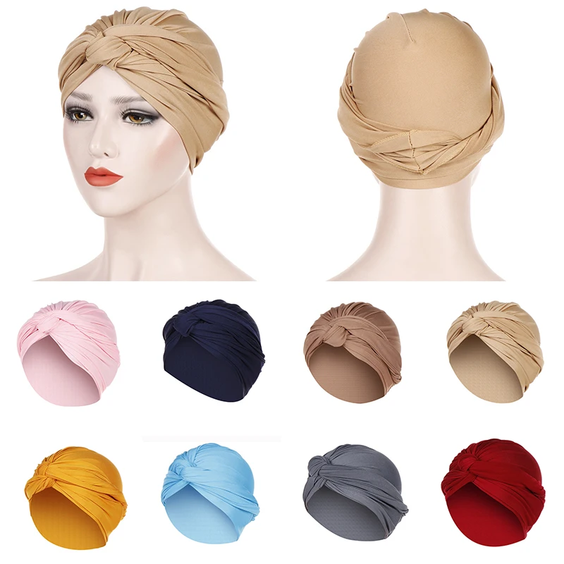 

Women Solid Color Muslim Hijab Cap Head Wrap Cover Scarf Elastic Beanie Turban Hat Chemo Cap Casual Headdress High Quality