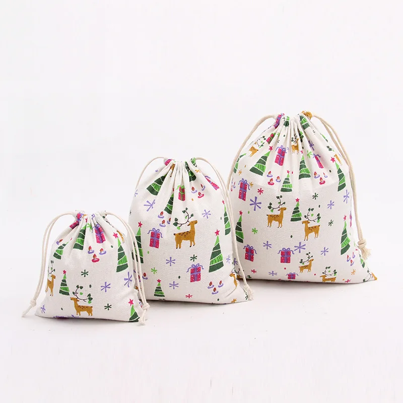 New1PC тканевые сумки для хранения со снежинками и оленями льняные на шнурке