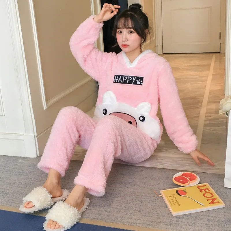 

Pig Hooded Pijama Mujer Sleepwear Coral Fleece Thickened Warm Pyjamas Home Clothing 2020 Autumn Winter Women Flannel Pajamas Set