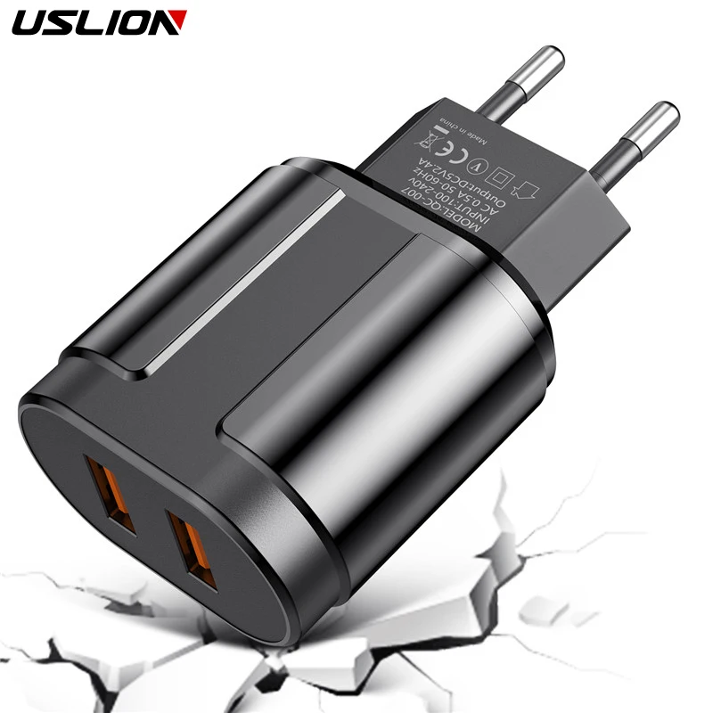 USLION EU/US вилка 2.4A макс. двойной USB адаптер для быстрой зарядки, настенное универсальное быстрое зарядное устройство для iPhone, Samsung, Xiaomi