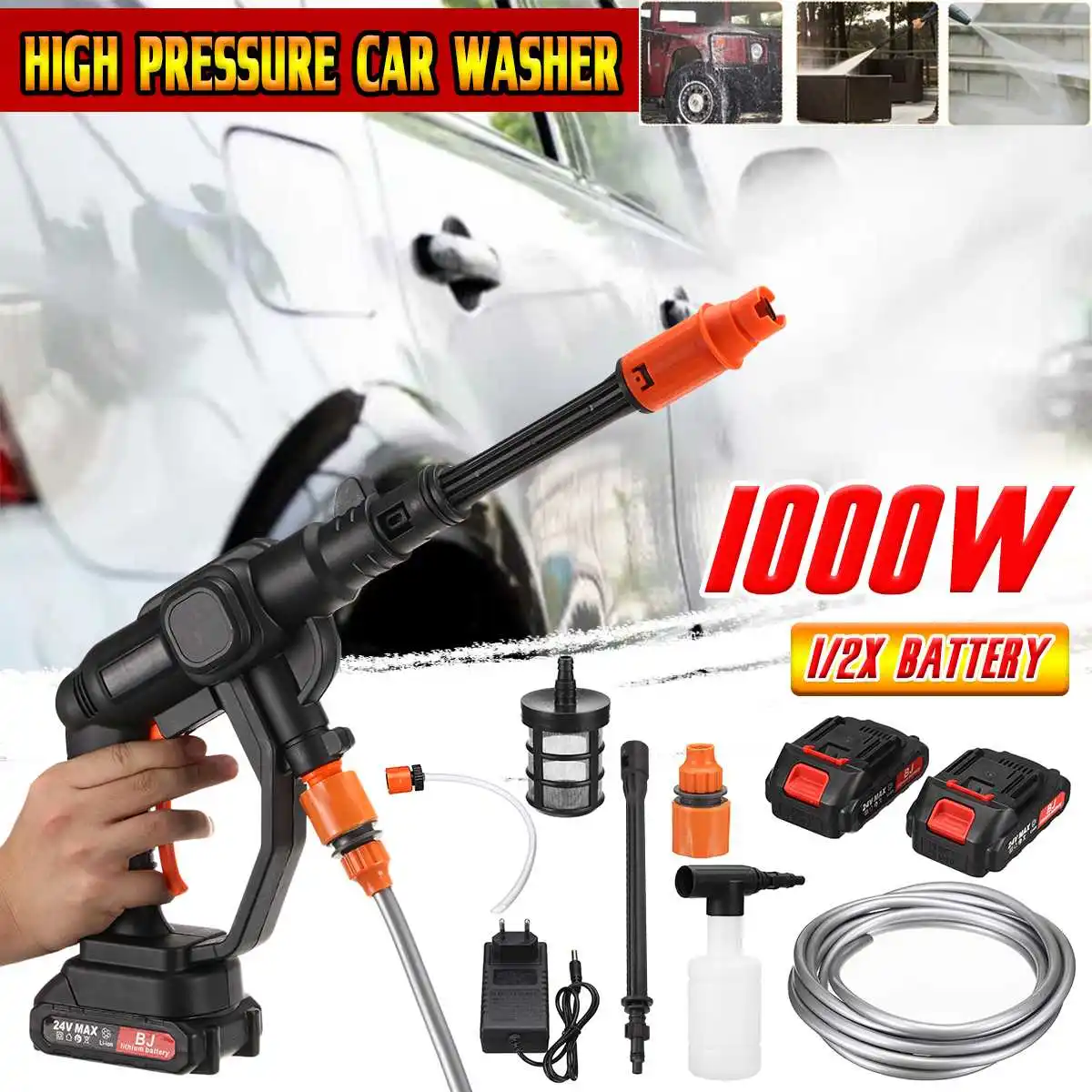 Купить Беспроводная Автомобильная пенная насадка, 1000 Вт, 24 В, пистолет для мойки высокого давления, портативная электрическая Автомойка с аккумуля...