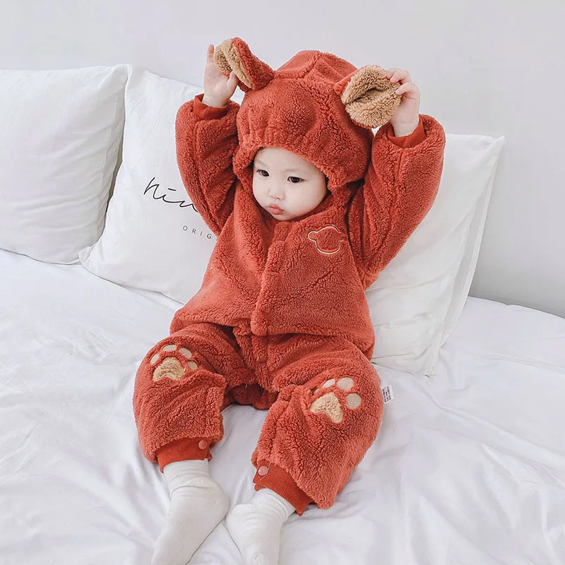 

New Winter Toddler Newborn Baby Girls Boys Clothes 3D Bear Printed Flannel Long Sleeve Warm Baby Rompers Cotton Jumpsuit Outfits